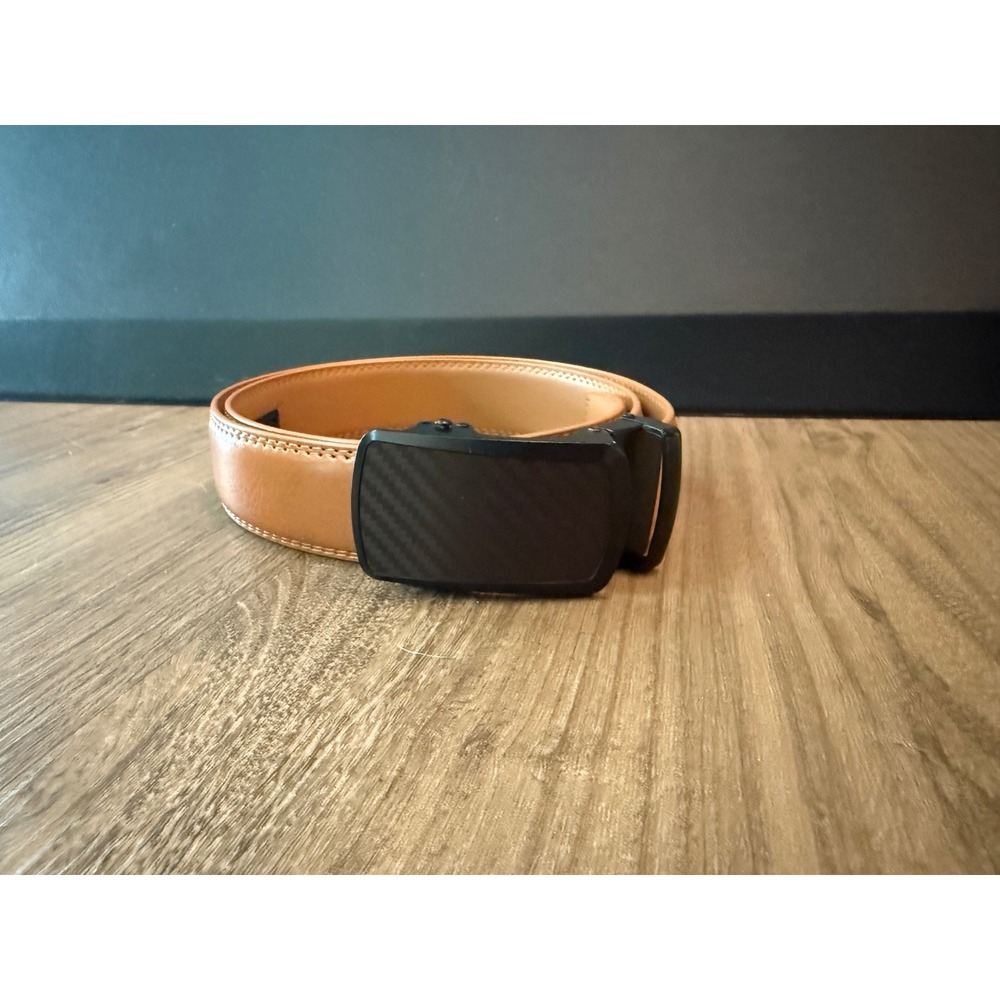 Bulliant Mens Ratchet Slide Belt Tan Leather Black Carbon Fiber Buckle 34